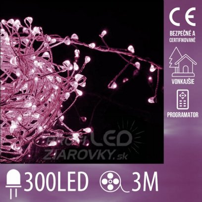 Vianočná led svetelná mikro reťaz cluster vonkajšia + programator - 300led - 3m ružová + studená biela