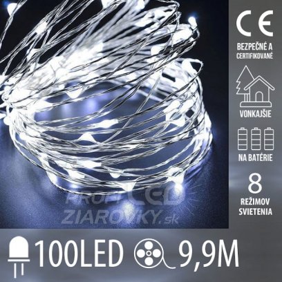 Vianočná led svetelná mikro reťaz vonkajšia na batérie - programy + diaľkový ovládač - 100led - 9,9m studená biela