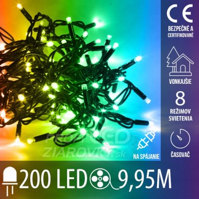 Vianočná led svetelná reťaz vonkajšia na spájanie s časovačom + programy - 200led - 9,95m multicolour