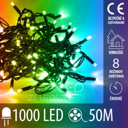 Vianočná led svetelná reťaz vonkajšia s časovačom + programy - 1000led - 50m multicolour