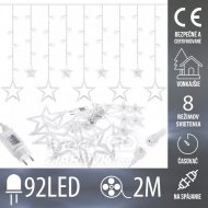 Vianočná led svetelná záclona na spájanie vonkajšia - hviezdy - programy - časovač - 92led - 2m studená biela