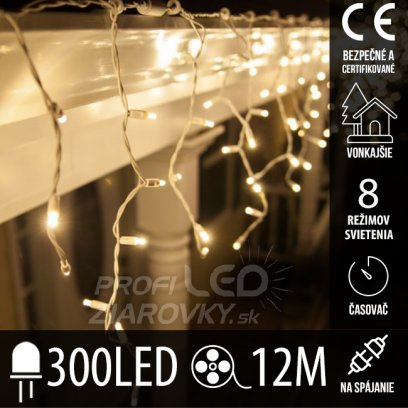 Vianočná led svetelná záclona na spájanie vonkajšia - programy - časovač + diaľkový ovládač - 300led - 12m teplá biela