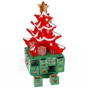 Drevený adventný kalendár - 24 zásuviek, vianočný stromček