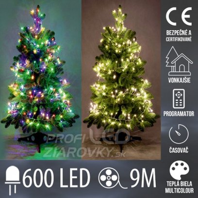 Vianočná led svetelná mikro reťaz cluster vonkajšia s časovačom + programator - 600led - 9m multicolour+teplá biela