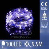 Vianočná led svetelná mikro reťaz na batérie - 100led - 9,9m studená biela + modrá