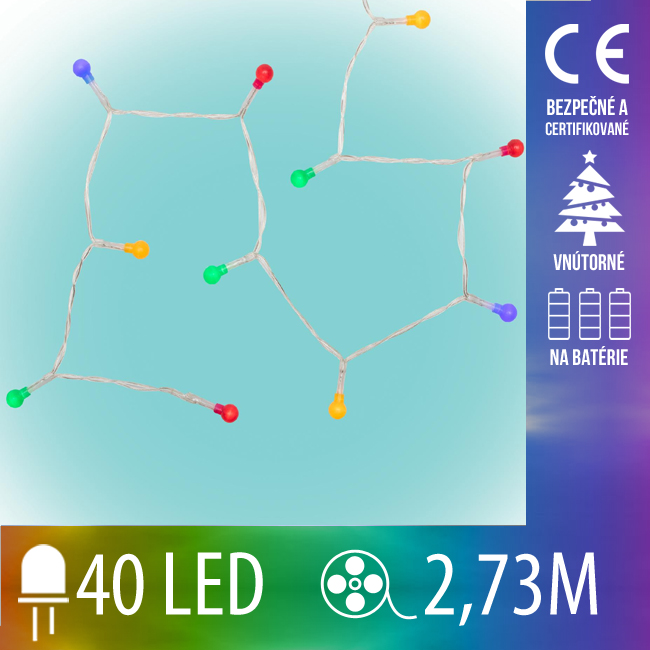 Vianočná led svetelná reťaz vnútorná na batérie s priesvitným káblom - mini gule - 40led - 2.73m multicolour