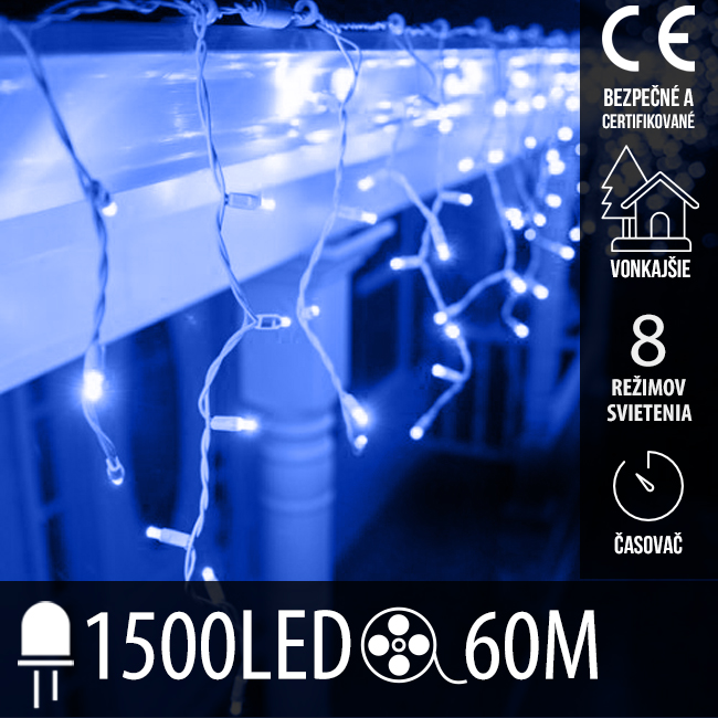 Vianočná led svetelná záclona vonkajšia - programy - časovač + diaľkový ovládač - 1500led - 60m modrá