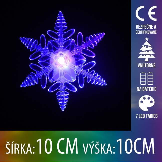 Vianočná led svetelná ozdoba vnútorná - na batérie - vločka - 10x10cm - 7 led farieb