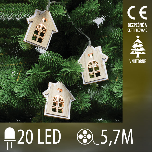 Vianočná led svetelná reťaz vnútorná - drevené domčeky - 20led - 5,7m teplá biela
