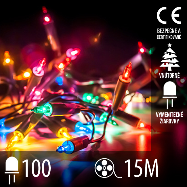 Vianočná svetelná reťaz vnútorná - 100 vymeniteľných žiaroviek - 15m multicolour